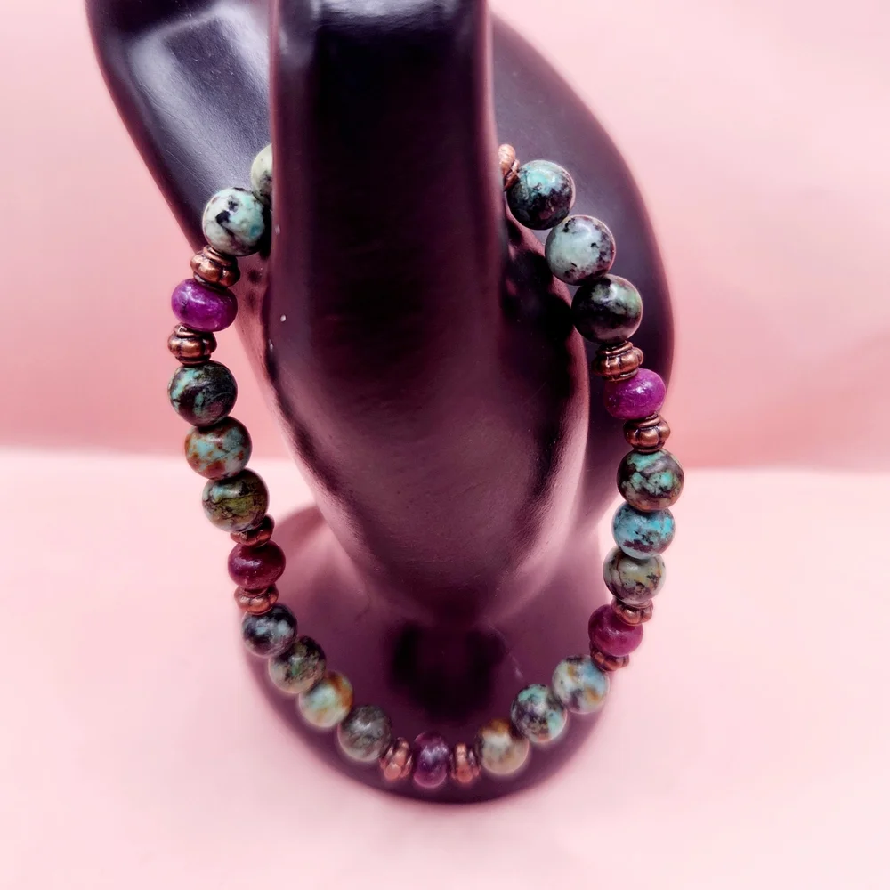 African Turquoise, Sugilite, and Copper Beaded Bracelet - Picture 2 of 6